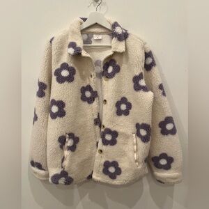 Pacsun Cozy Cream and Purple Kids Flower print sherpa Jacket xxl 14-16
